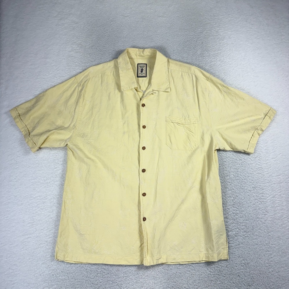 Jamaica Jaxx Men's XL Silk Shirt Tan Palm Leaf Jacquard Hawaiian Camp Beach